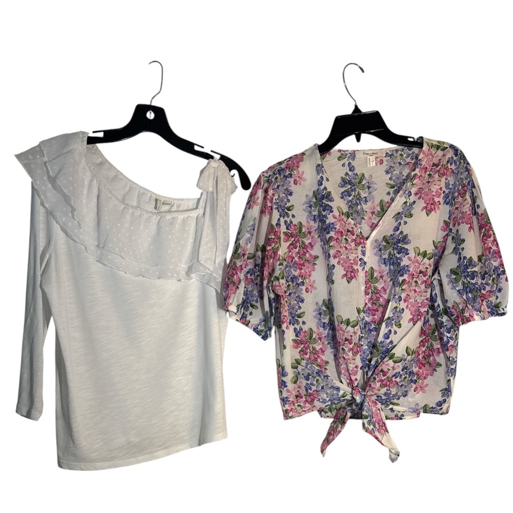 Bundle of two tops , Floral Tie-Front Blouse and White Ruffle Top Set